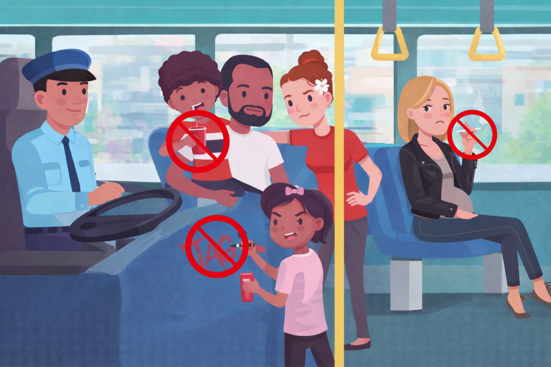 Dans le bus beaucoup d'incivilité, fillette qui tag, petit garçon qui boit, une femme enceinte fume.